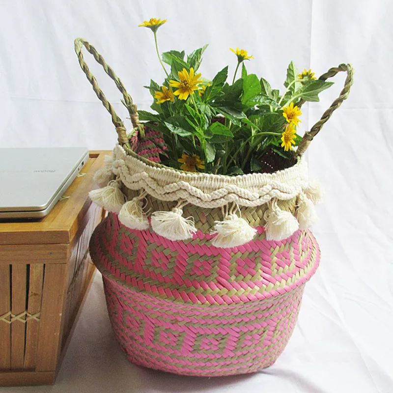 

Handmade Bamboo Storage Baskets Foldable Laundry Straw Patchwork Wicker Rattan Basket Container Toy Holder with Flower Pot Hot