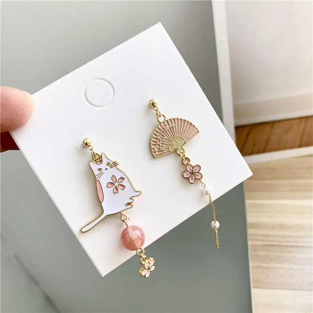 

1 Pair Women Earrings Korean Style Cute Kitten Pink Fan Dangle Earrings For Women Asymmetric Earrings Jewelry for Gift