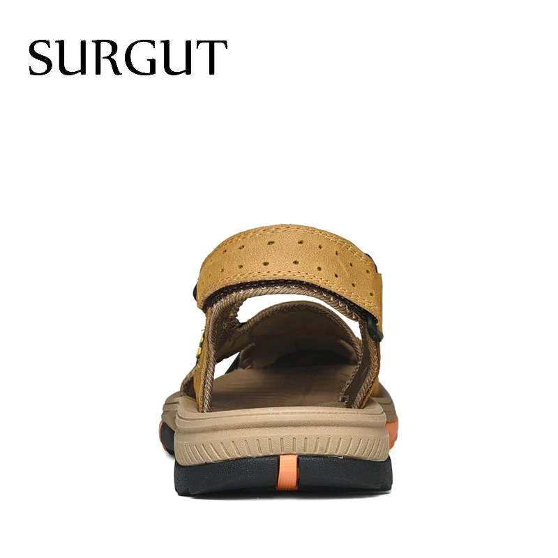Мужские пляжные кожаные сандалии SURGUT светло коричневые римские шлепанцы тапки