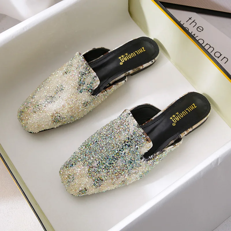 

Low Big Size Shoes Woman 2021 Loafers Slippers Casual Cover Toe Luxury Basic Fabric Hoof Heels PU Rubber Bling Slides Fashion
