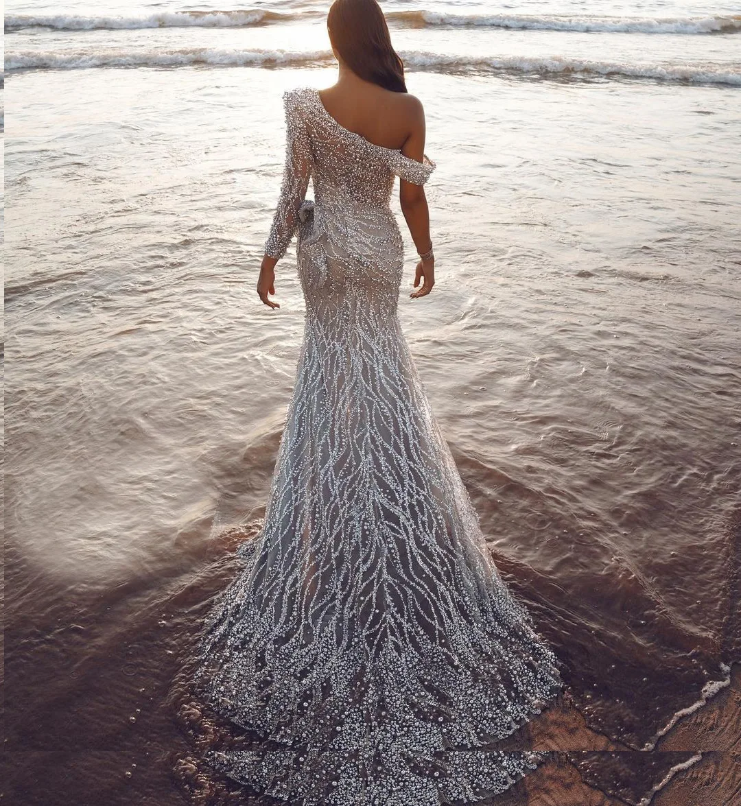 

Sparkling Sequin Evening Dresses Long Sleeve Mermaid One Shoulder Sexy Split Gray Prom Dress 2022 Formal Party Gowns