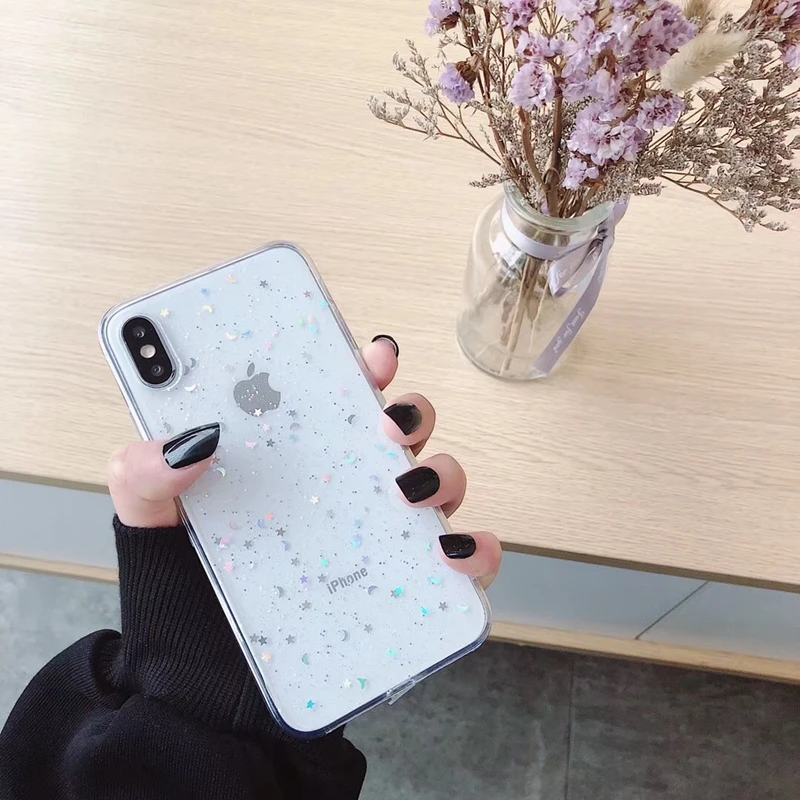 Блестящий блестящий чехол для телефона iphone 8, 7 Plus, 6, 6 S, se, звездная луна, прозрачный чехол для iphone 11 Pro X, XR, XS MAX, мягкий чехол из ТПУ