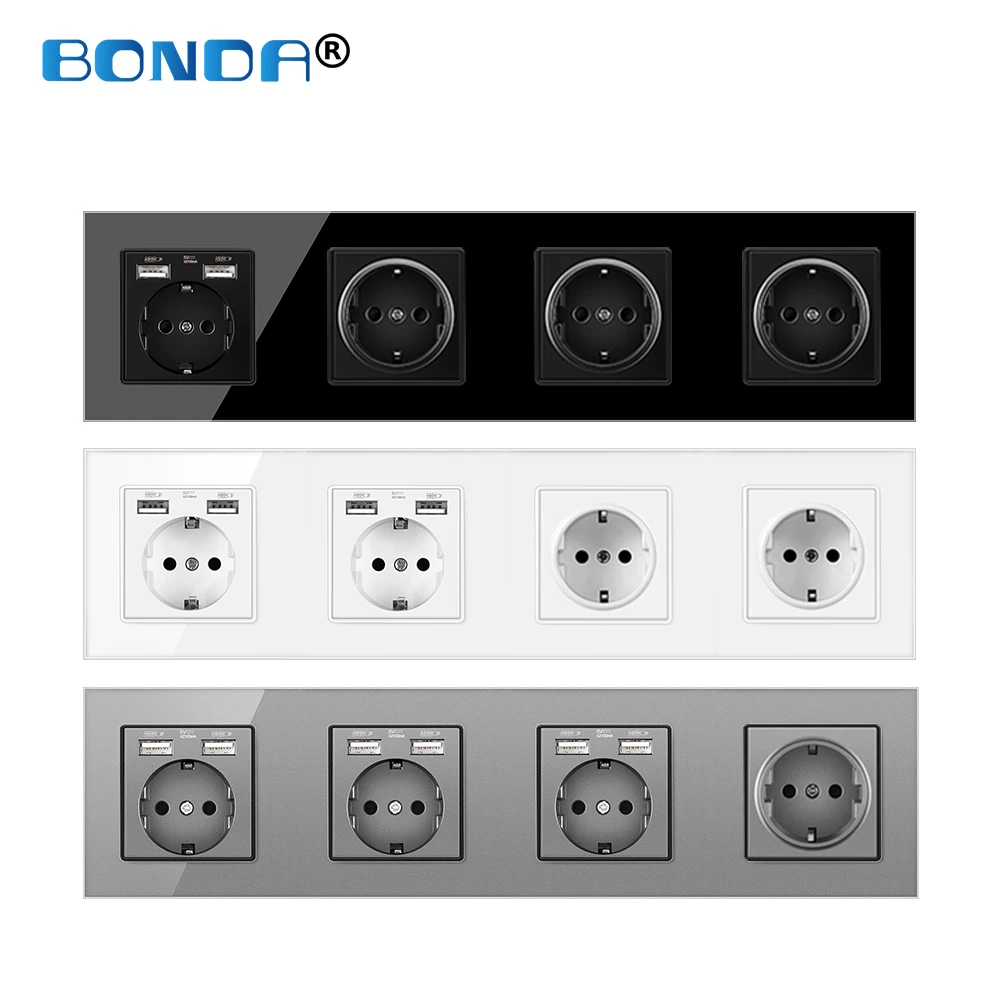 

Wall USB Power Outlet EU German Standard Crystal Glass Panel 110~250V 344mm * 86mm 16A Wall Socket with Usb Charging Interface