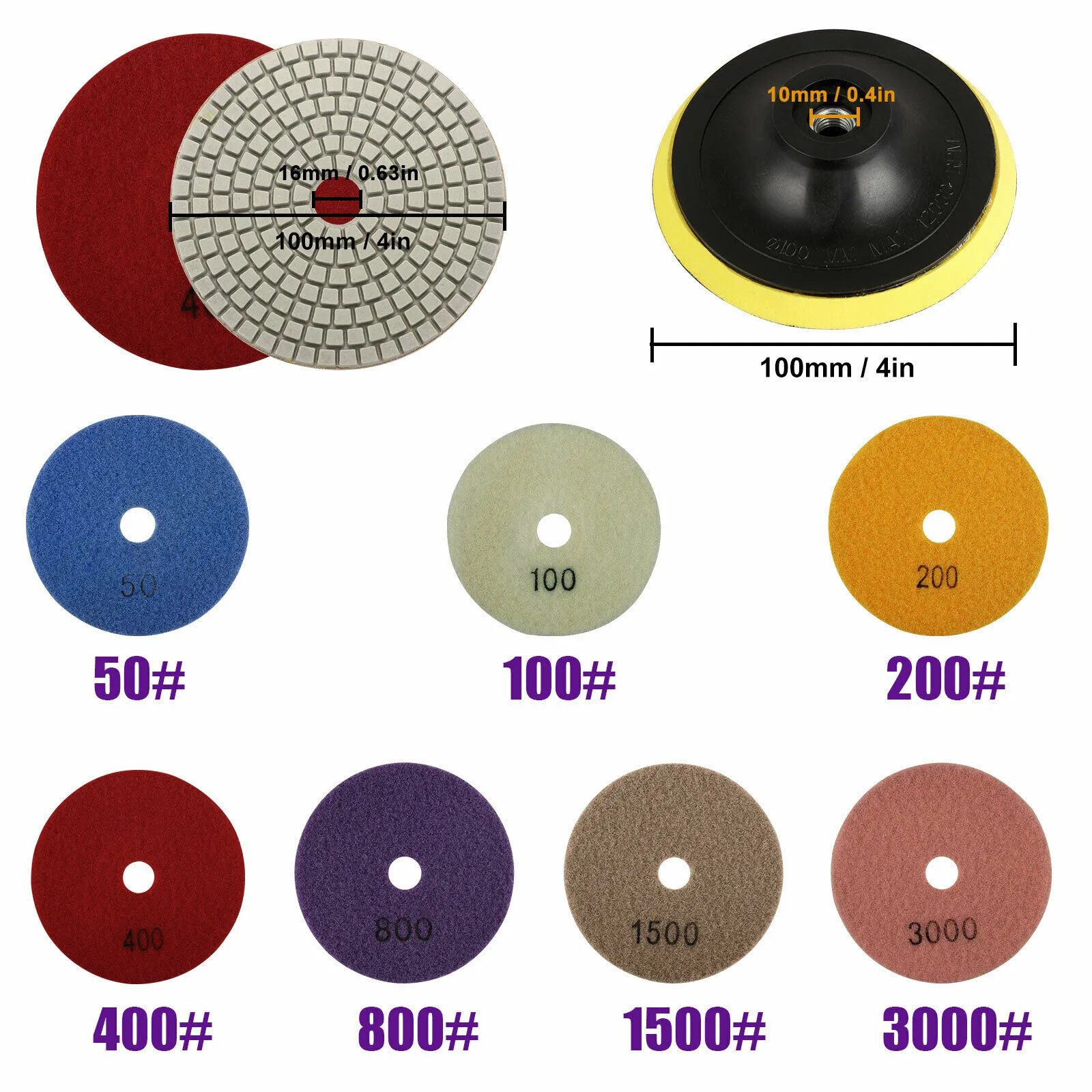 

Polishing Pad 8pcs Per Set Pad M10 Thread Wet Dry Diamond Polishing Pads 4 Inch Set Kit For Marble Concrete Granite 50-3000grit
