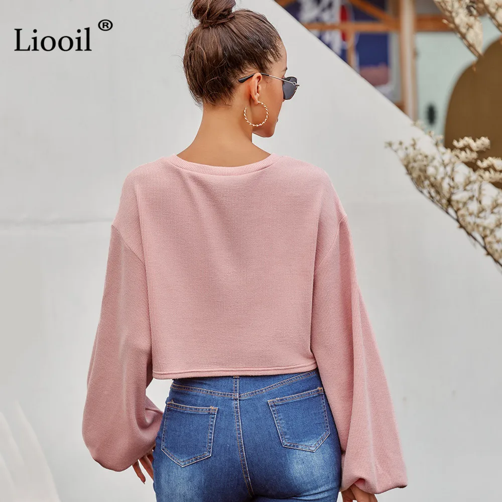 

Autumn Winter Knit Short Sweater Women 2020 Long Sleeve Lantern Sleeve V Neck Female Casual Loose Solid Pullovers And Jumpers