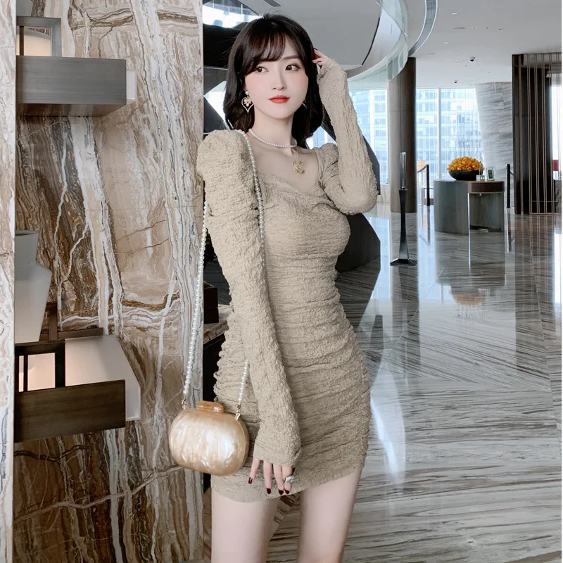 

New Autumn Woman Sexy Dress Long Sleeve Pleated Slimming Square Collar Vintage Dresses For Women 2020 Fashion Women's Clothing