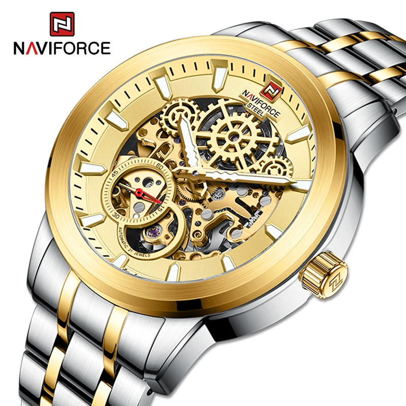 

NAVIFORCE Luxury Gold Mechanical Watch Men Creative Big Dial Wristwatch 10ATM Diving Waterproof Stainless Steel Automatic Watch