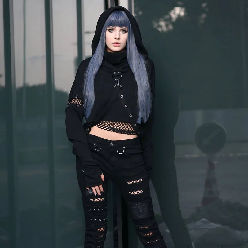 Женская сетчатая толстовка с капюшоном длинным рукавом и пряжкой | одежда