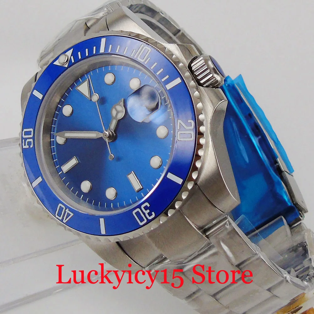 NH35 Blue Nologo Automatic Wristwatch Men Sapphhire Crystal 40mm Stainless Steel Case Mental Bracelet