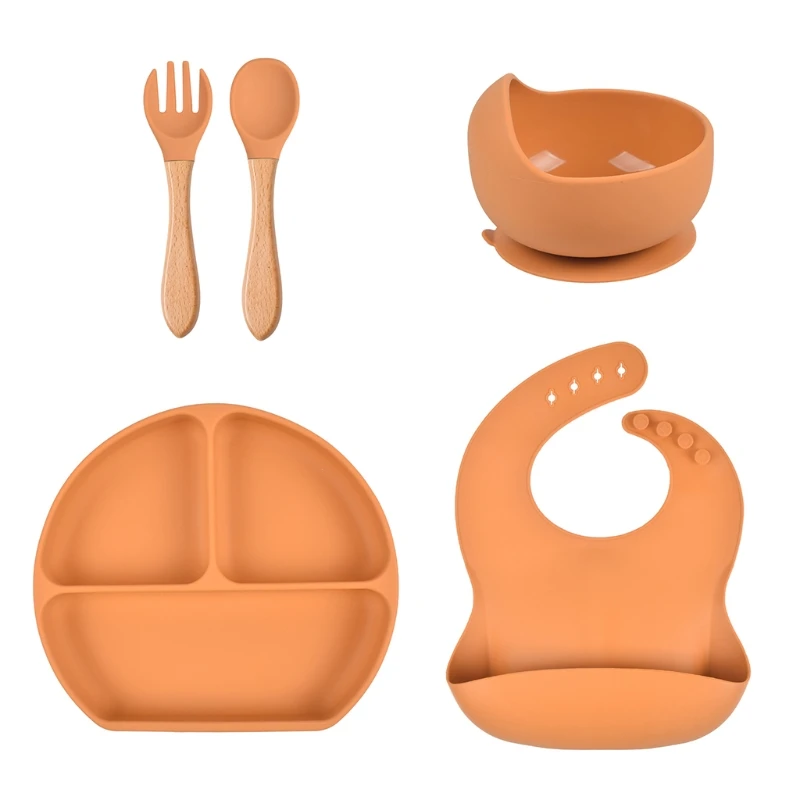 

5 Pcs Baby Silicone Bibs Divided Dinner Plate Sucker Bowl Spoon Fork Set Training Feeding Food Utensil Dishes Tableware Kit