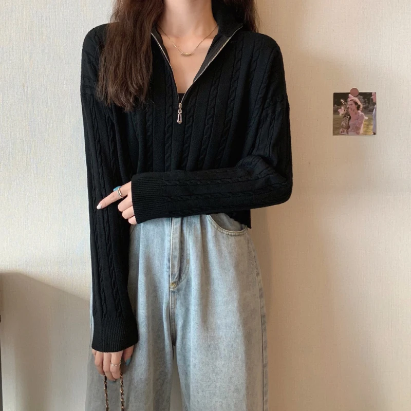 Женский Однотонный свитер Harajpoo с длинным рукавом на молнии завязками корейская