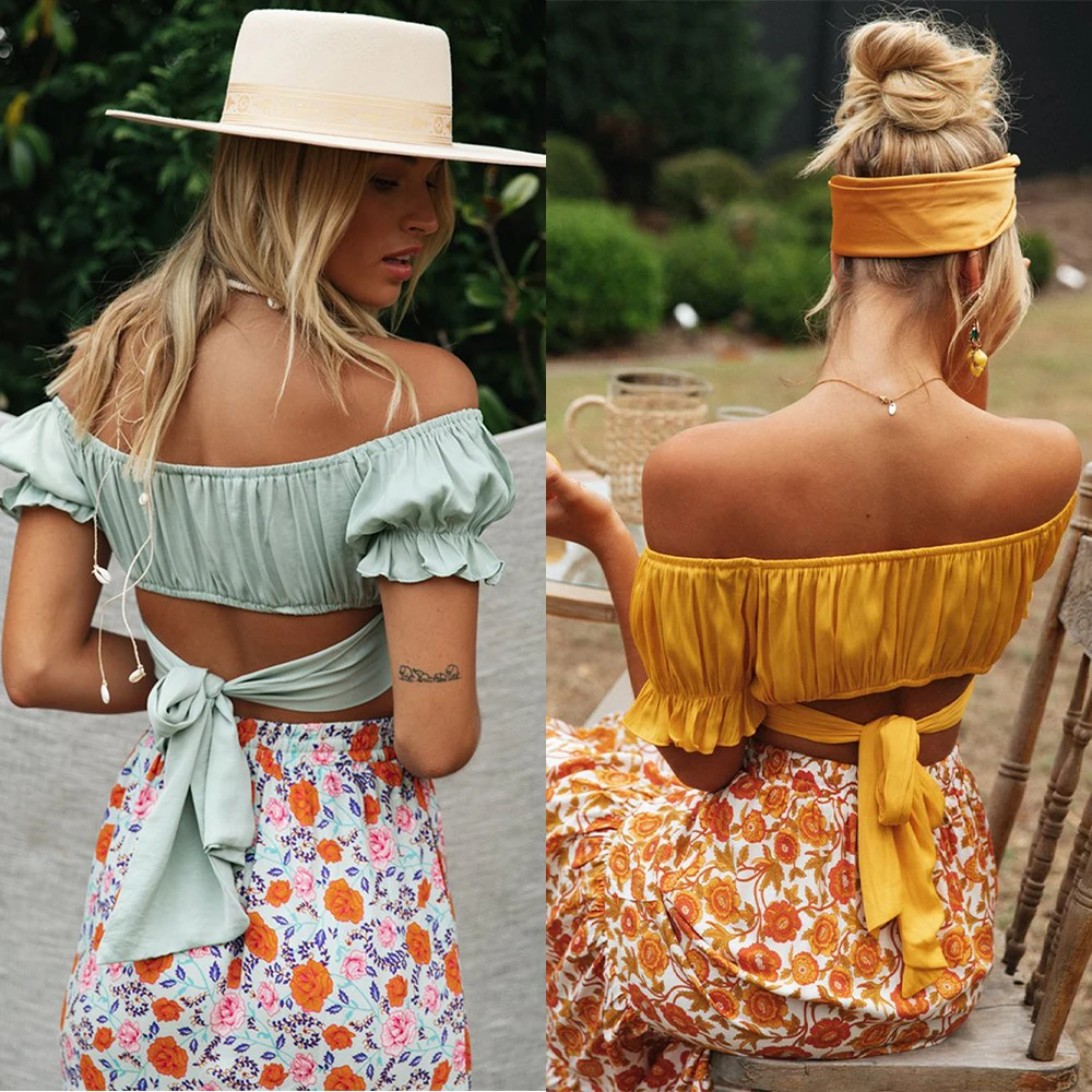 

Short Lantern Sleeve Shirt Summer Womens Clothes Pleated Polyester Pullover V-Neck Chest Wrapping Belt Backless Woman Shirts