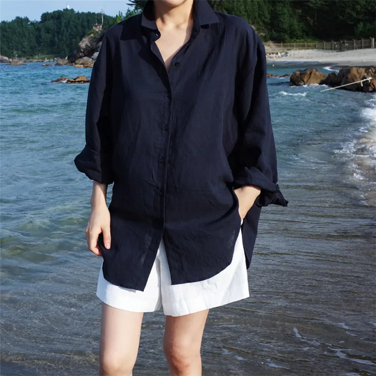 

Autumn New Solid Full Shirts Loose Slim Turn Down Collar Blouse Women