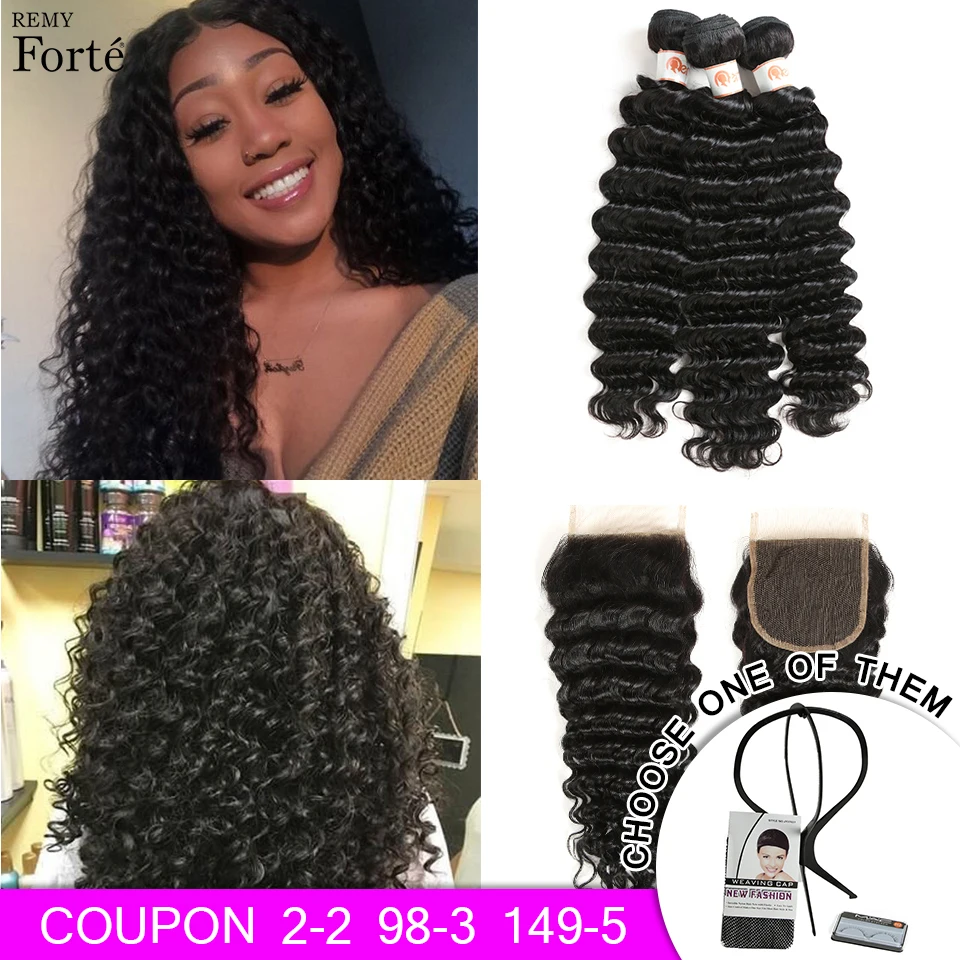 Remy Forte Deep Wave Bundles With Closure 30 Inch Hair Remy Brazilian Hair Weave Bundles 3/4 Curly Bundles With Closure Fast USA