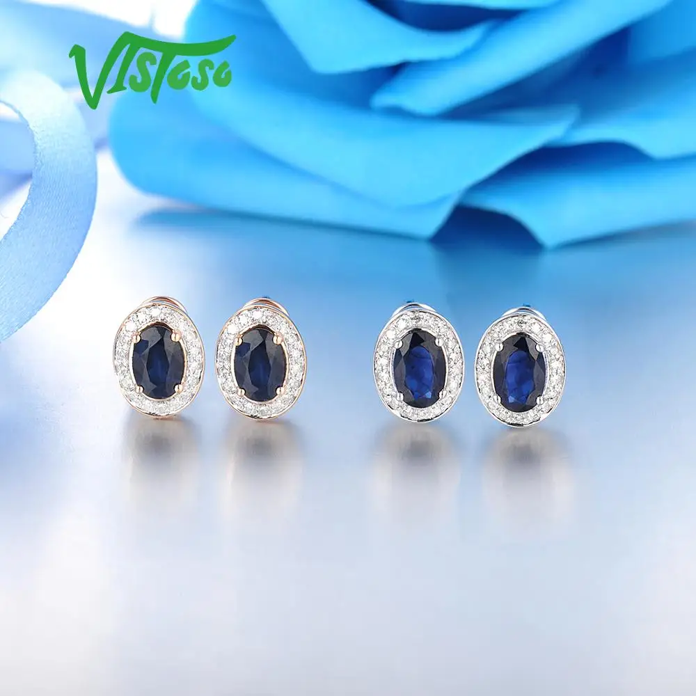 VISTOSO Pure 14K 585 роза/серьги из Белого Золота Шпилька для женщин Элегантный синий сапфир сверкающие бриллианты уникальные модные ювелирные изделия