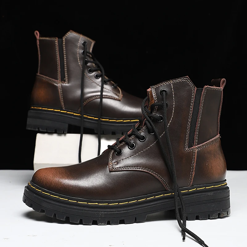 

CYYTL Mens Fashion Formal Business Boots Leather Ankle Shoes Work Flats Cowboy Motorcycle Male Botas Lace-up Botines Hombre