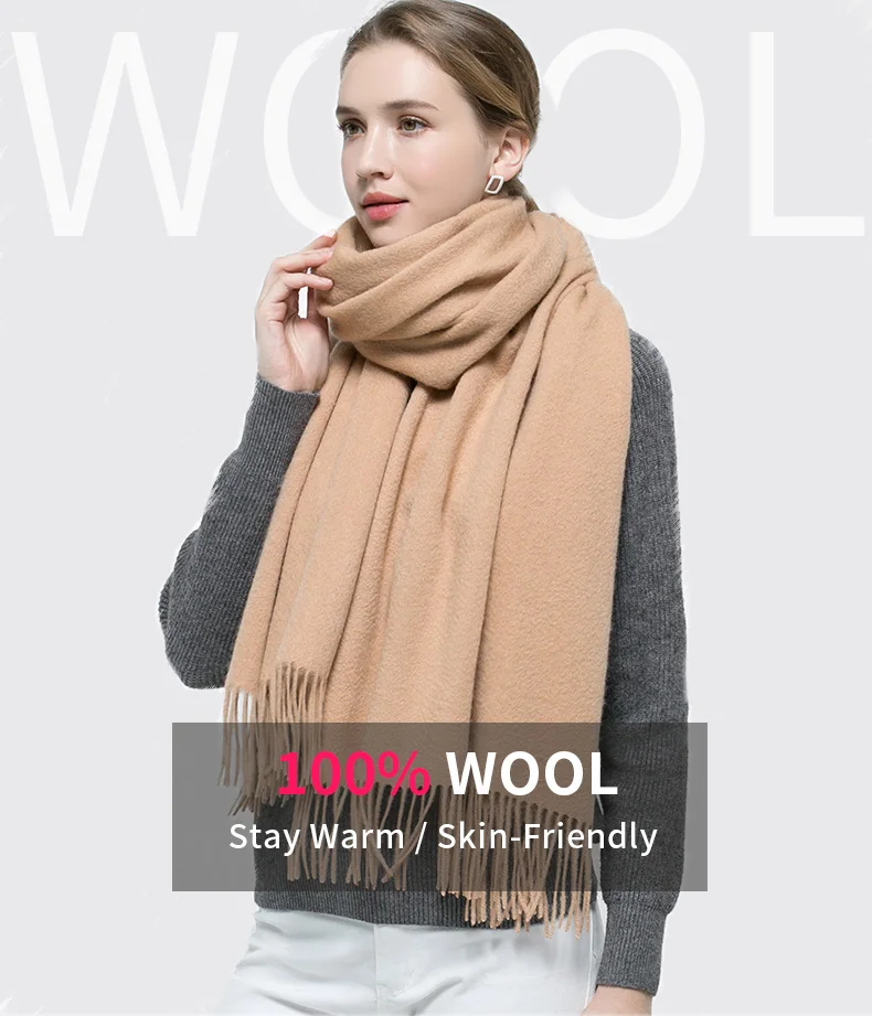 Wither Pure Wool Scarf Women Brand Thicken Warm Echarpe Wraps for Ladies Foulard Femme Solid Camel Merino Wool Scarves