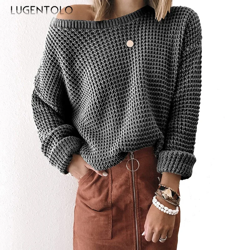 

Women Knitted Sweater Loose Solid Simple Long Sleeve Atuumn Female Casual O-neck Pullover Sweaters