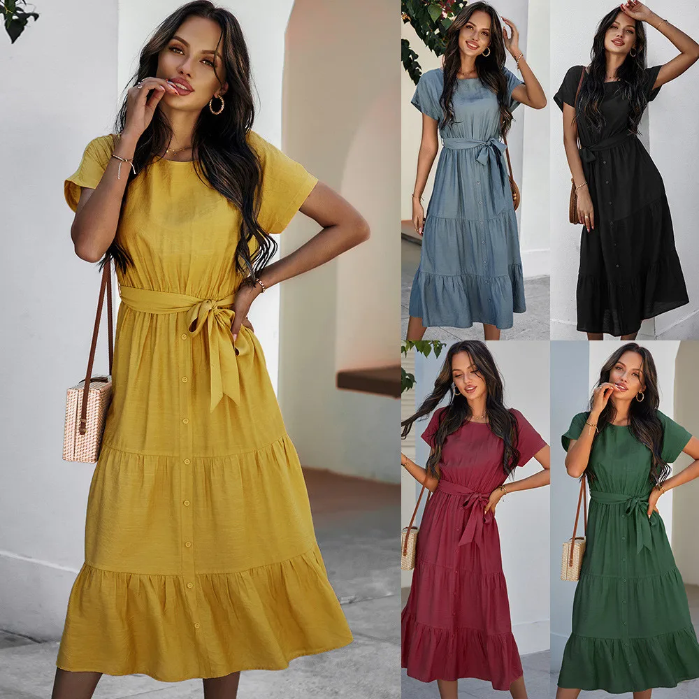 

Leosoxs 2021 Sunmmer New Fashion O Neck Women's Dress Casual Loose Solid Belt Tunic Short Sleeve Ruffle Patchwork Ladies Dresses