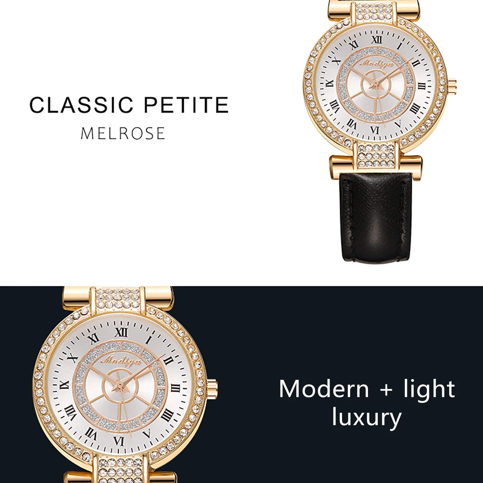 

Luxury Trendy Fashion Rhinestone Roman Scale Ladies Watch Faux Leather Strap Waterproof Stainless Steel Round Dial Quartz Watch