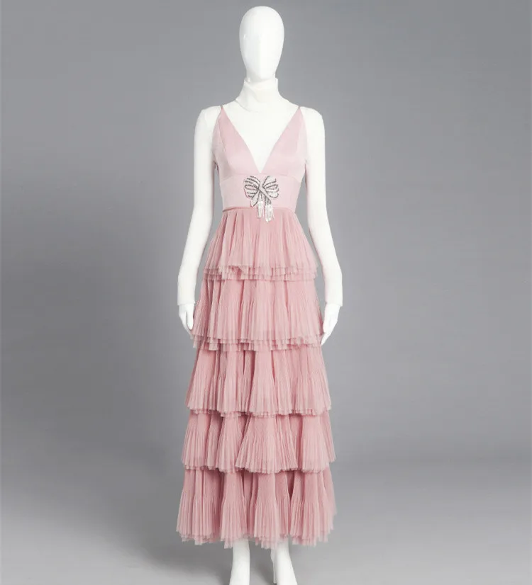 Женское рождественское платье длинное розовое Сетчатое с V-образным вырезом и