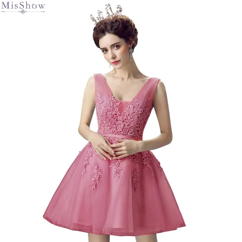 Женское кружевное вечернее платье розовое ТРАПЕЦИЕВИДНОЕ без рукавов с V