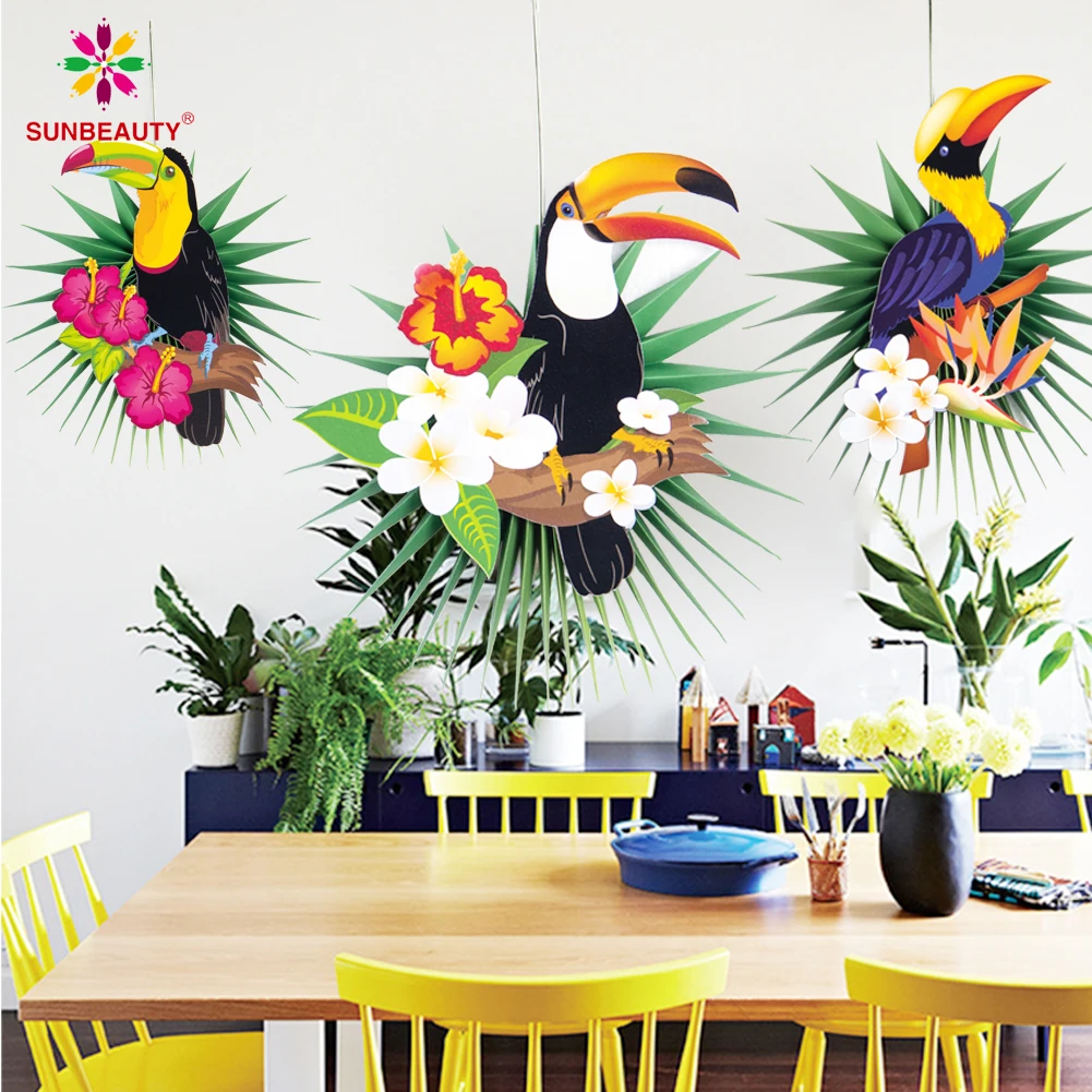 

Tropical Party Hawaiian Decorations 3pcs Hanging Paper Fans Flamingo Toucan Palm Leaves Pattern Summer Birthday Luau Party Decor