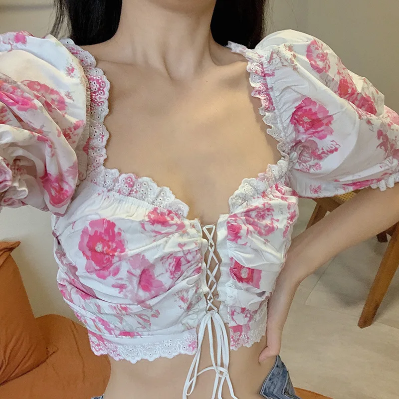 

2021 Summer Women\\u2019s Casual Puff Sleeve T-shirt Fashion Solid Color/Flower Bandage Hollow Exposed Navel Tops