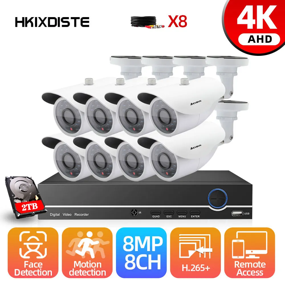 

HKIXDISTE 8CH 4K AHD DVR CCTV System 8MP IR Night Vision Outdoor Waterproof AHD Camera Home Security Video Surveillance Kit