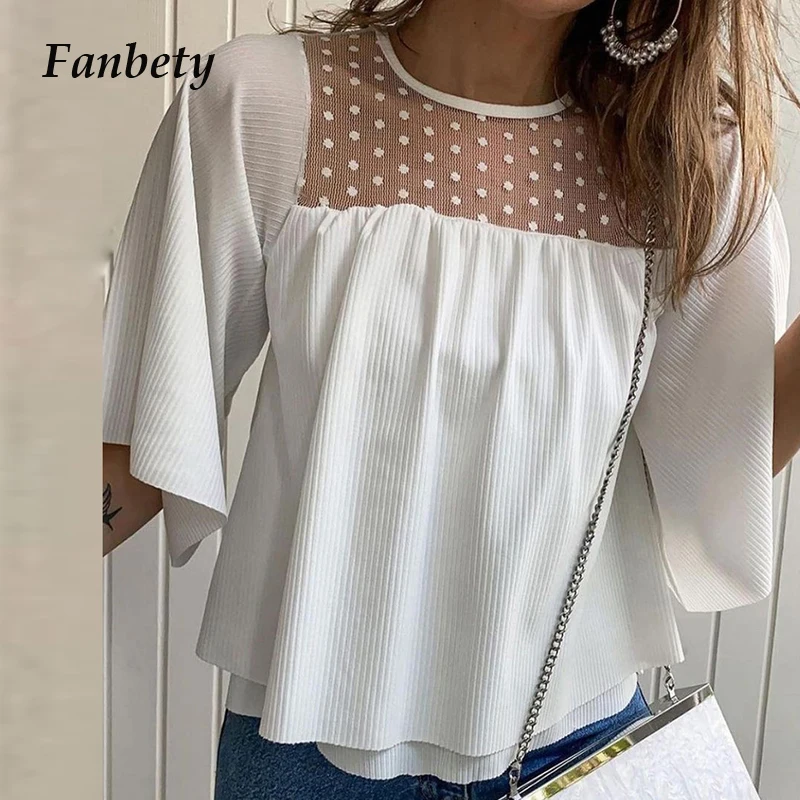 

Женское сексуальное платье с фатином, в горох прозрачная блузка летние модные элегантные Короткие рукава с оборками Топы в рубчик, повседне...