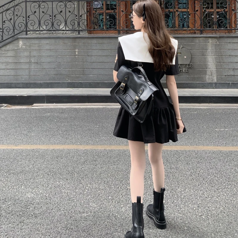 

Dresses For Women 2021 Korean Chic Fashion Hit The Color Kawaii Dress Y2k Vintage Short Sleeve Folds Female Dresses Vestidos