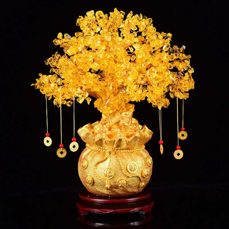 19cm 24cm Delicate Yellow Crystal Money Tree Ornament Home Office Shop Feng Shui Art Decoration Tabletop Lucky Wealth Tree