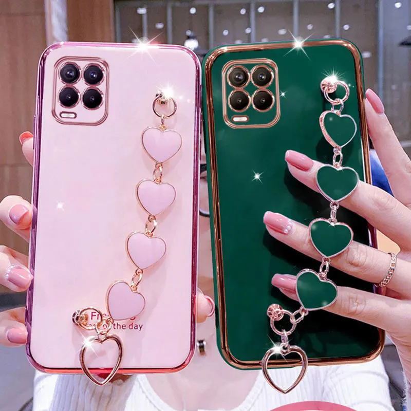 wrist bracelet phone case for oppo realme 8 case luxury love heart chain plating cover for oppo realme 8 7 pro 4g 5g capa fundas free global shipping