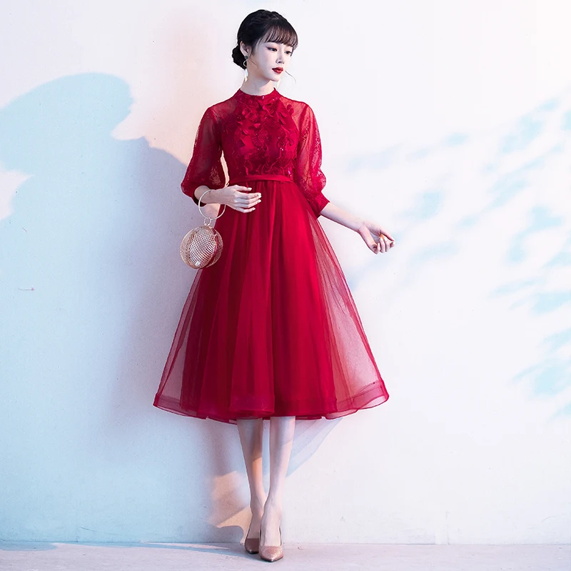 

Женское кружевное Платье До Колена, бордовое ТРАПЕЦИЕВИДНОЕ ПЛАТЬЕ с высоким воротником и аппликацией из тюля, с коротким рукавом, для выпу...