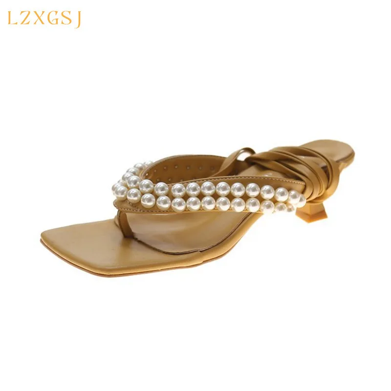 

Bead High Heels Slippers Women's Shoes Cross Tied Open Toe Female Sandals Summer 2021 Square Fashion Flip Flop For Woman Sandals