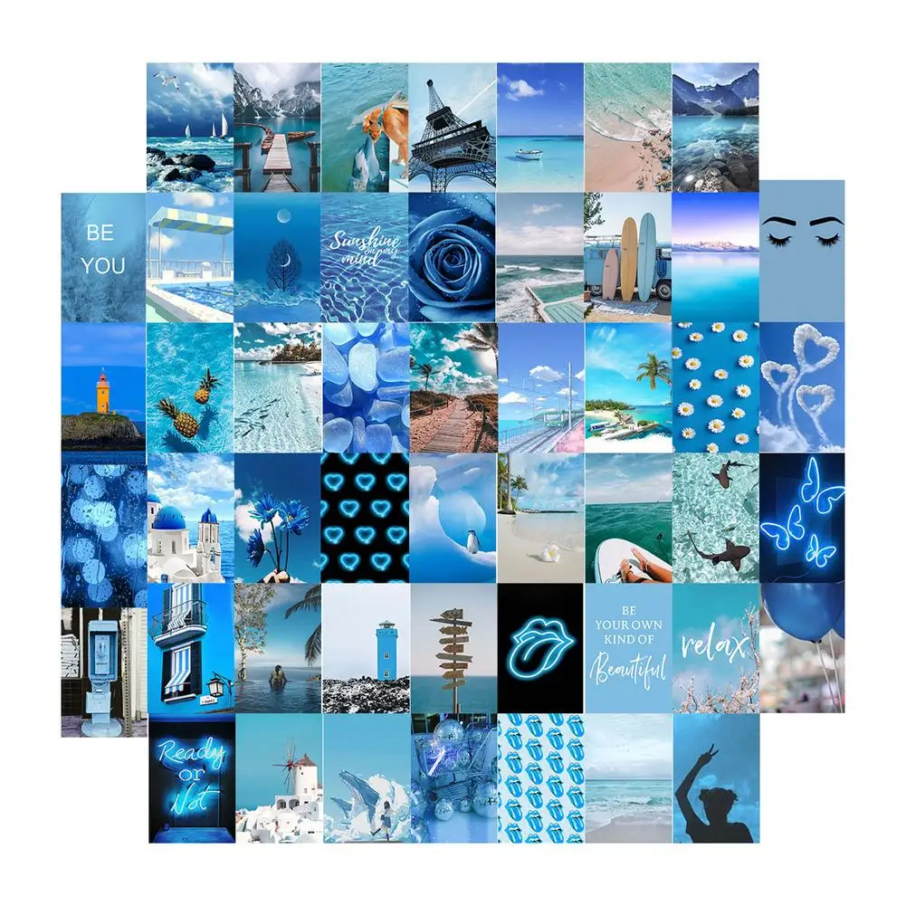

50Pcs Blue Aesthetic Picture Wall Collage Set Aesthetic Posters Postcard Collage Kit Bedroom Decoration For Teen Girls Boys