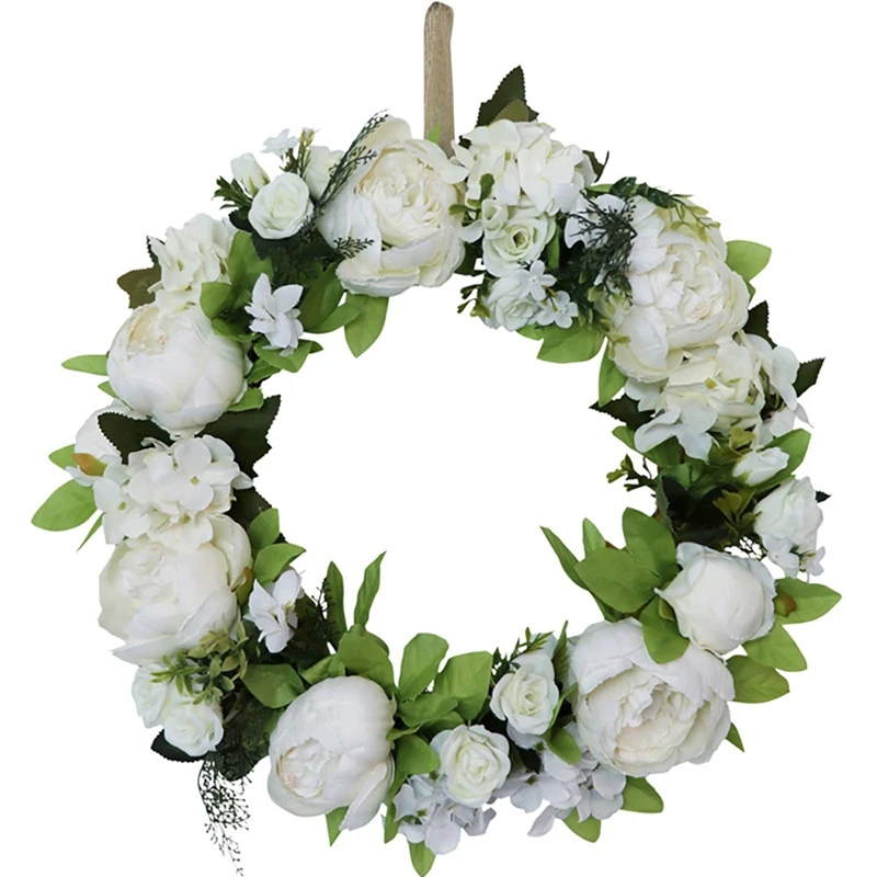 

Artificial White Peony Wreath Handmade Floral Wreath with Green Leaves for Front Door Wedding Wall Party Home Decor