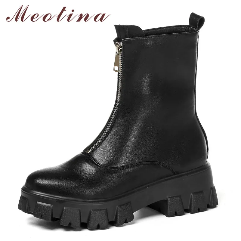 

Meotina Motorcycle Boots Women Shoes Real Leather Platform High Heel Mid-Calf Boots Zip Block Heels Lady Boots Autumn Winter 40