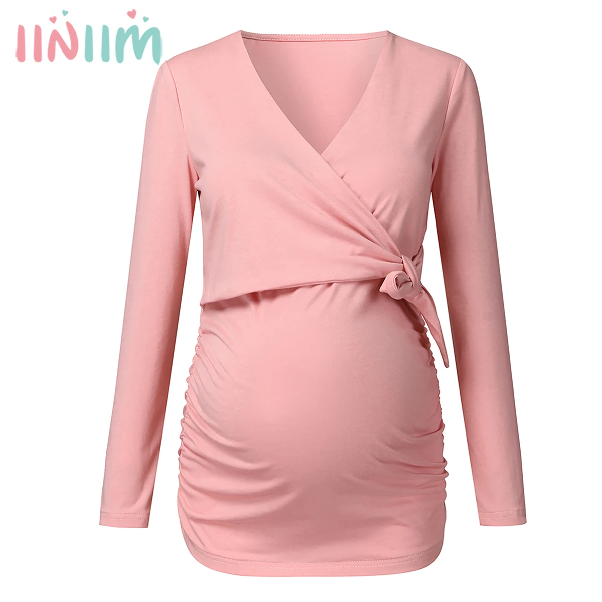 

Maternity V Neck Side Ruched Breastfeeding T-shirt Pregnancy Clothes Casual Pregnant Women Nursing Tops Long Sleeve Autumn Tees