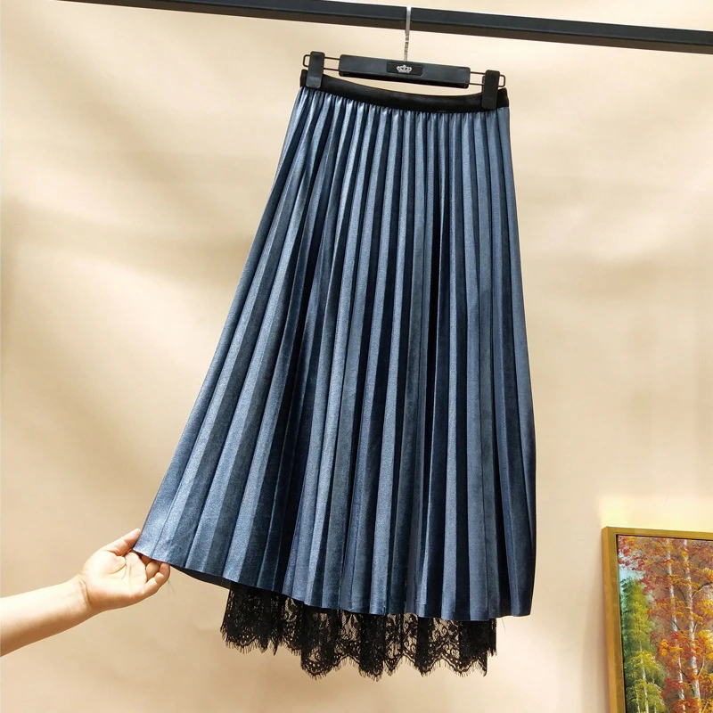 

Two Sides Wear 2020 Autumn Winter Skirt Women's Gold Velvet High Waist Lace Net Yarn Casual Skirt A Line pleated Long Skirt