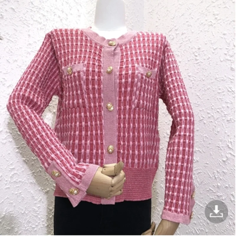 

DALMAZZO Knitted Plaid Sweater 2021 Newest Autumn Sweet Women Button-Down Cardigan Slim Short Sweaters Crop Top Female