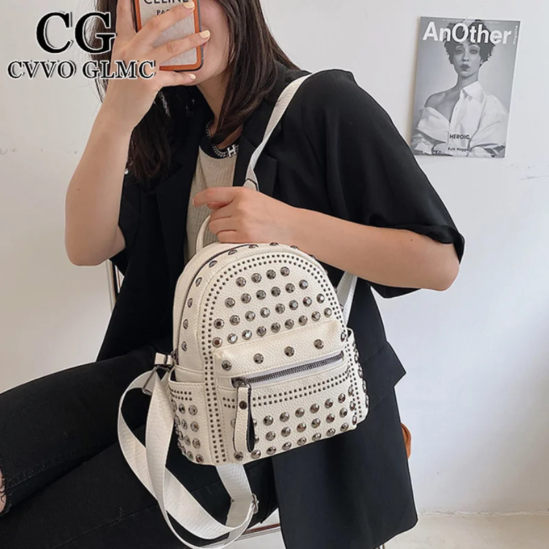 

Cvvo Glmc Rivet Design Women's Backpack High Quality Soft Leather Backpacks for Teenage Summer White Backpack
