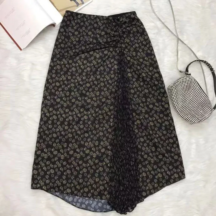 

2021 New Sunflower Print Women Pleated Skirt With Elastic Waist And Back Zipper