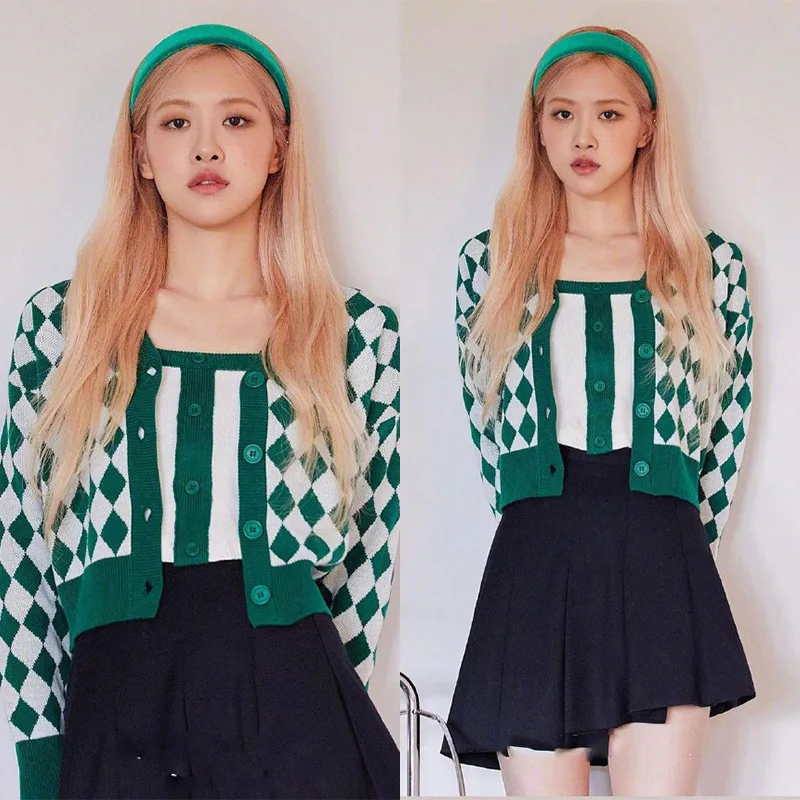 

Kpop Korea ROSE Autumn Fashion Plaid Elastic Cardigan Long Sleeve Sweater+Sexy Slim Sleeveless Knit Vest Tops Women 2 Piece Sets