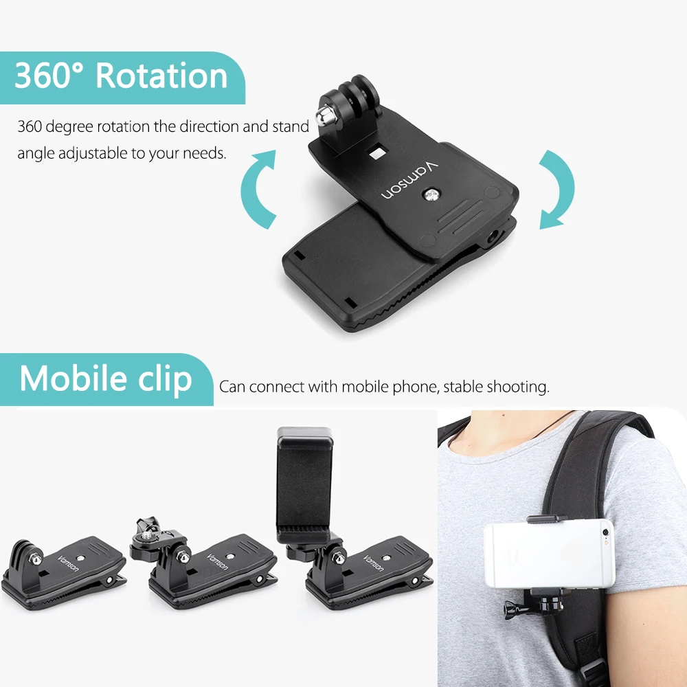 Аксессуары Vamson для Go Pro 9 8 вращающийся на 360 градусов зажим GoPro Hero 7 6 5 4 3 + yi 4K SJCAM SJ4000