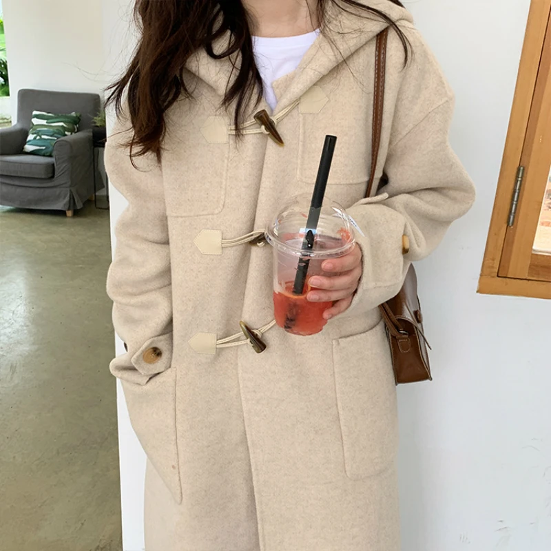 

Fashion Korean Winter 2020 New Casual Plus Size Loose Horn Button High End Long Hooded Wool Coat Women Woolen Jacket Overcoat