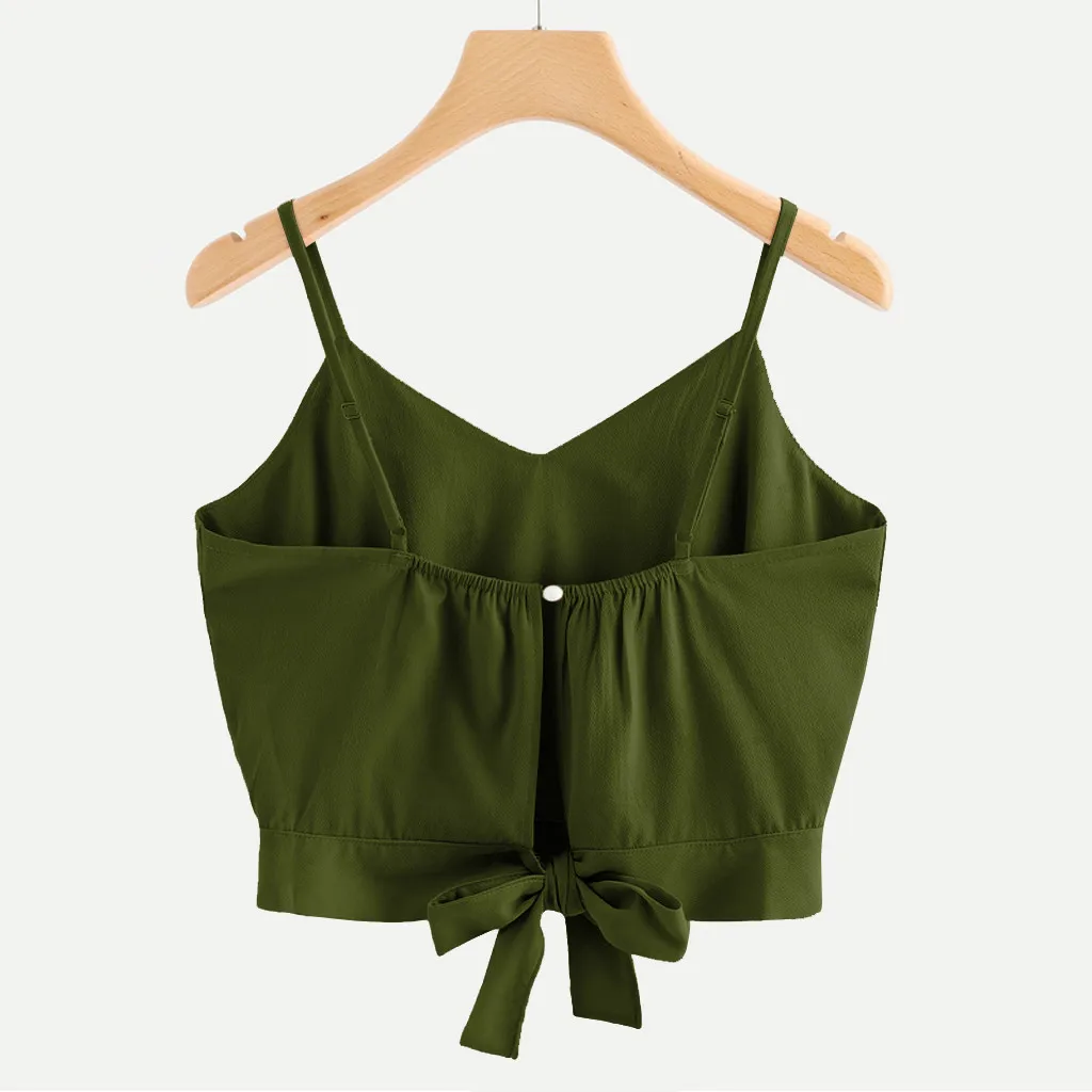 Кроп-майка женская с бантом на спине повседневный однотонный топ V-образным