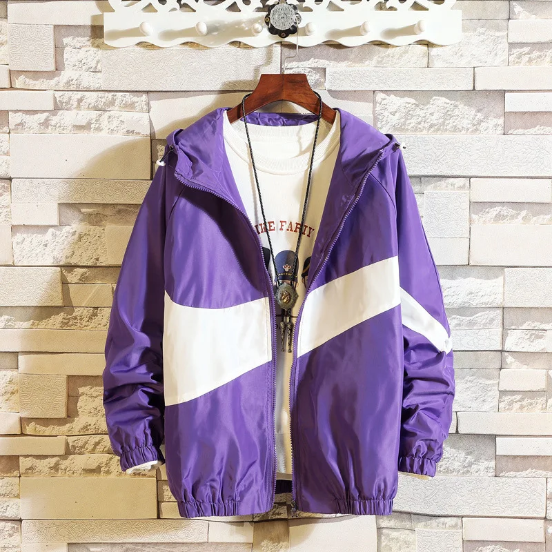 

#7003 Spliced Color Hip Hop Jacket Windbreaker Hooded Coat Plus Size Loose Streetwear Clothes Bomber Jacket For Men Japan Style