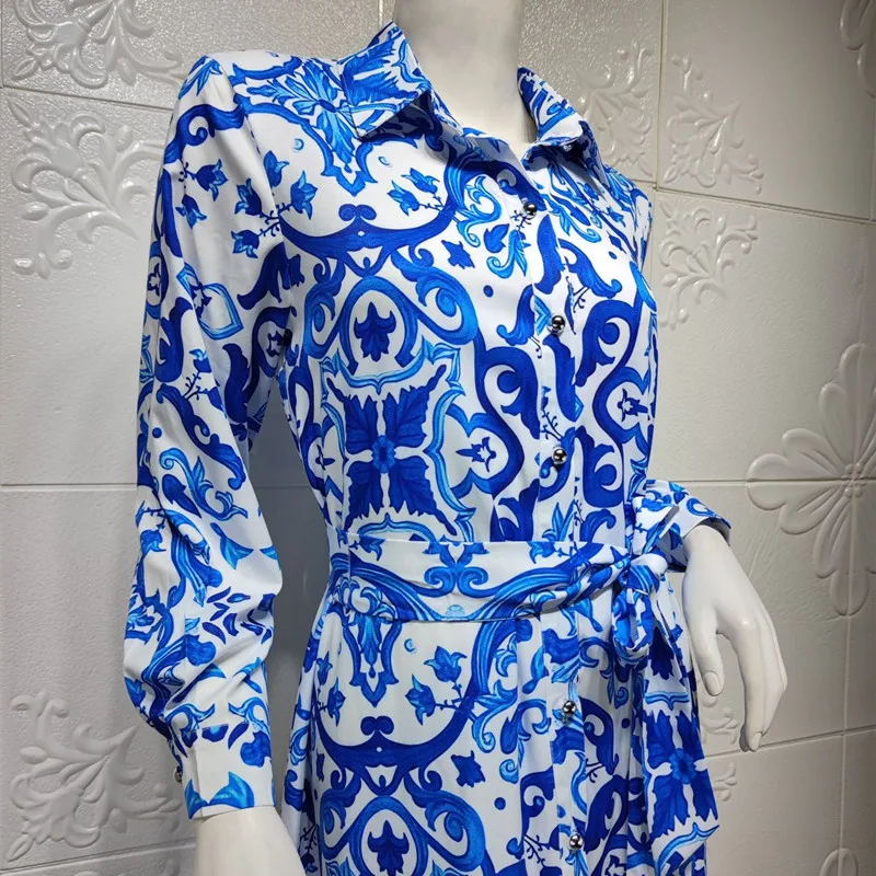 2021 Ladies Blue Floral Maxi Dress Lapel Long Sleeve Malay Indonesia Dubai Arabi Middle East Muslim Abaya