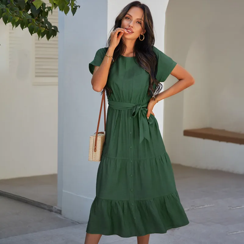 

2021 Summer Long Dress For Women Vintage Solid Green Silk O-Neck Women's Clothing Causal Bohemian Sexy Soft High Waist Robe